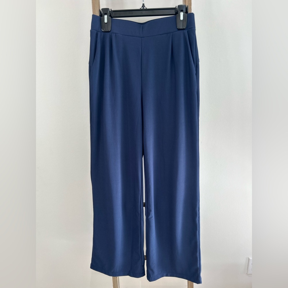 HALARA Flex MicroWaffle Wide Leg Blue Pants Wrinkle Resistant Women Size S Tall
